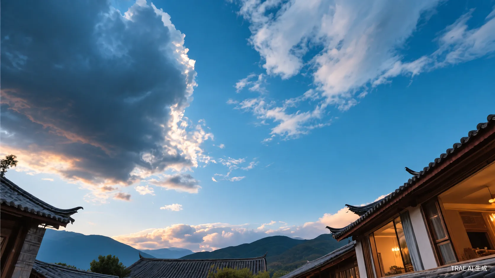 传统建筑与天空的 AI 场景示意